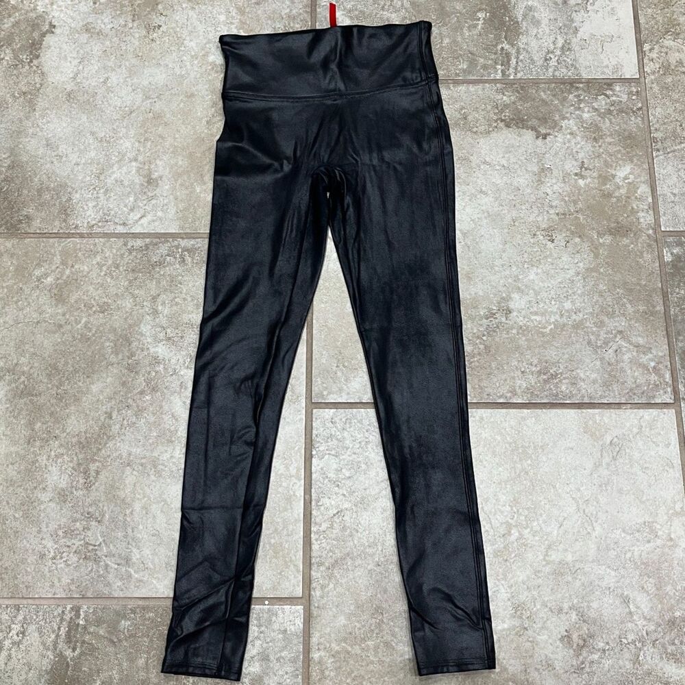 Spanx Faux Leather Leggings Size S Black High Rise Shaping Moto Coated Skinny - Picture 4 of 12